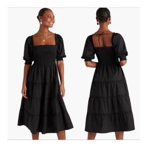 HILL HOUSE Nesli Nap Dress | Smocked Black Tiered Midi XS
